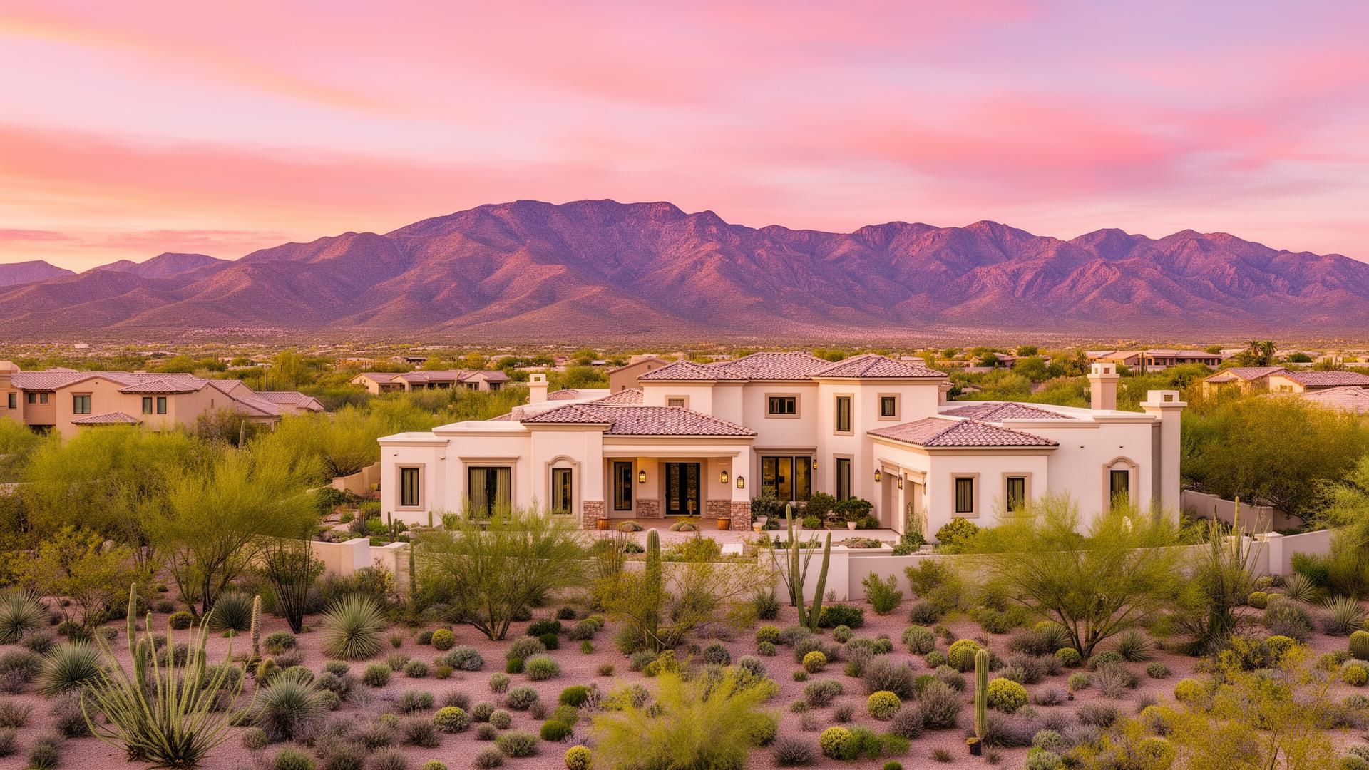 Luxury Vistancia Peoria Arizona home at sunset with mountain views