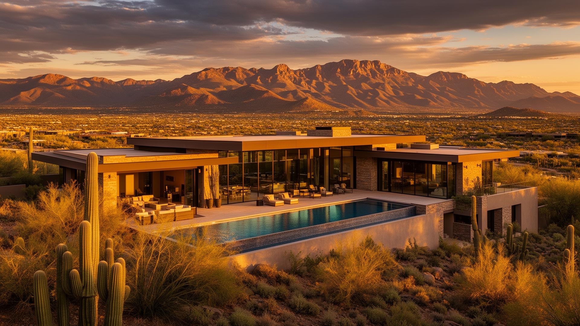 Luxury Arizona desert mansion at sunset with mountain views